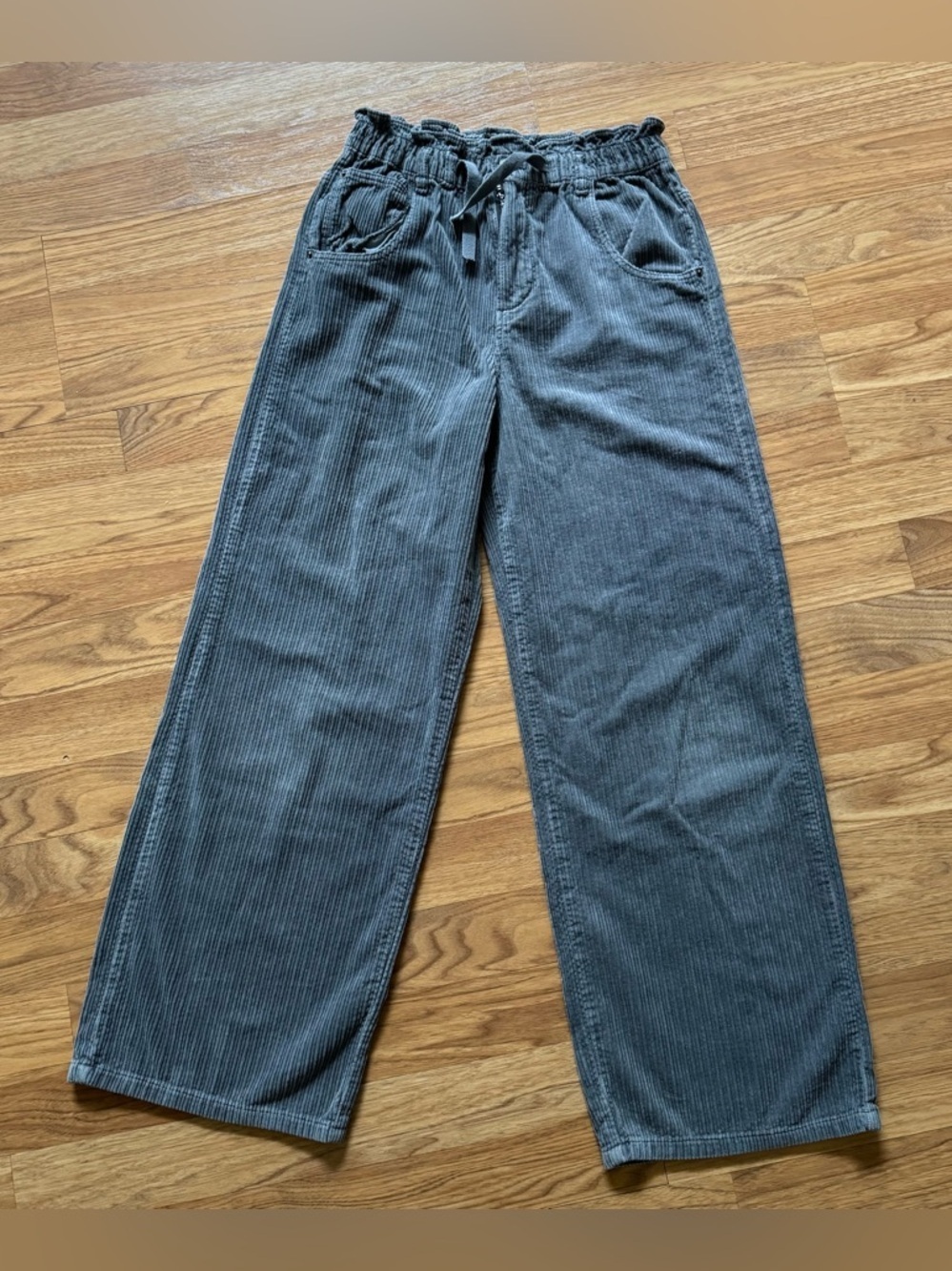 Zara Gray Wide Leg Corduroy Pants High Waist Drawstring Boys Girls 13-14